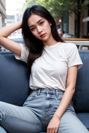 25 years old girl, beautiful face, wearing (cream colored shirt:1.2), denim_pants, beautiful medium breasts, straight long hair, detailed hairy arm, (white themed outdoor cafe background),full body, lay back on a couch ,photorealistic,REALISTIC, sunray, near window, fashion model, (slender, slim), ((spreading_legs)), ((from_below, viewed_from_below)), sunny day, light_blue_eyes