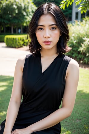 indonesian 20 yo girl,  wavy short hair,  two tone hair, black and brown hair,  tsundere expression,  upper body,  (long black sleeveless dress),  (korean park background),  flower background,  oily skin,Indonesiadoll, jawline, model face, (facing_viewer), body facing front , seated, detailed face, amazingly beautiful 