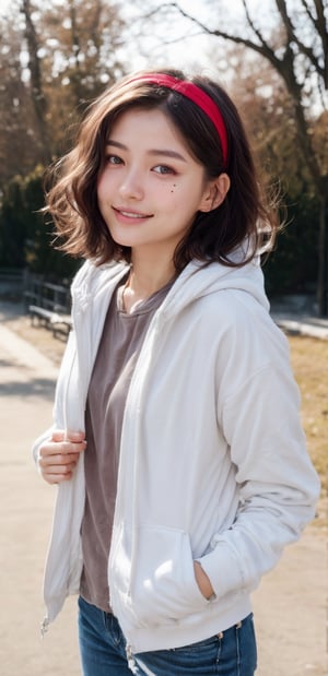 1 girl, high resolution, short wavy hair, hairband, tomboy style, white jacket hoodie, grey t shirt, white sneakers, winter outdoor, snowy park background, natural soft light, delicate facial features, beautiful Russian girl, 20 years old, glamorous body, (gorgeous hair, half red, half Brown: 1.2), film grain, real hands, eye smile,Indonesian, mole_under_eye