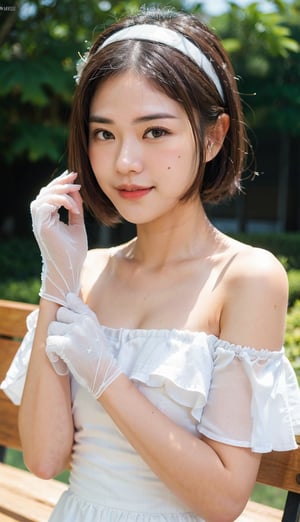 (bokeh), portrait of a tomboy 20 years old girl, small face, long white dress, sitting on a bench, hairband, short straight hair, bangs, upper_body, detailed skin, off shoulder, outdoor, mole_under_eye, looking_at_viewer, centered, slight smile, white_glove, ,Indonesiadoll,adjusting gloves