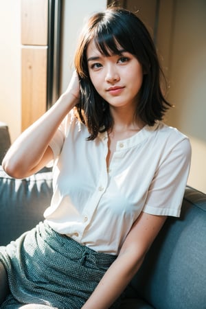 18 years old asian girl , tomboy, thinking about you pose, pretty face, smile, office_lady, long white blouse, short_sleeves, long skirt , (straight short hair) , hair bangs,medium chest, slender, bokeh, couch, office situation, detailed skin texture , hairy arm, ray of light , open window, blue sky, mole_under_eye, alternative_hair_style,raisalora