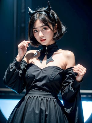 1 japanese girl, short wavy hair, cosplay, long black gown, dark theme, wearing bat shaped headband, bat_wings, bat eye mask , concert stage background, mole_under_eye, standing, cute pose,Indonesiadoll