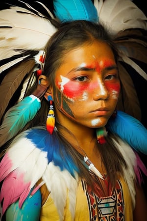american native girl 20 years old face shot with colored tribal shirt and feathers in the head and behind ears and warrior paint in the face