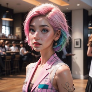 close_up, artwork featuring one female figures, short-hair rainbow hair  , freckles, big eyes, Streetwear, wearing heavy jewelry, pink sheer crop top shirt pink plaid blazer and tiny skirt, inside a Starbucks NYC , created by a renowned artist, showcasing intricate details and vibrant colors. Official art quality with a strong aesthetic appeal. Detailed eyes, High resolution rendering in 4K, full_body, sexy pose,SAM YANG,High detailed ,Color magic,Saturated colors