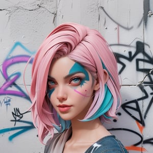 Best quality, masterpiece, 1woman Punk style , standing in front of a graffiti covered wall, red orange, like been, cyan, Violet,  kpop amino, long light grey hair, light Pink and cyan hair,  chalk white skin, realistic, sfumato,  vray, meticulous detailing , cowboy shot, dancer poses ,Detailedface,Detailedeyes,3DMM