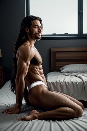 Side view , On the floor , on doggy_position , full_body , naked , butt_presenting , showing_off his ballsack , long hair , sole_male , beefcake , handsome male model , looking-at-viewer , male_sub , posing on the bed , idealized male porn star , Canon EOS Mark IV , moody lighting, slut