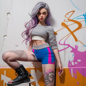 Best quality, masterpiece, 1woman Punk style , standing in front of a graffiti covered wall, red orange, like been, cyan, Violet,  kpop amino, long light grey hair, light Pink and cyan hair,  chalk white skin, realistic, sfumato,  vray, meticulous detailing , cowboy shot, dancer poses ,Detailedface,Detailedeyes