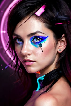 (masterpiece, best quality, official art1.3), (1girl:1.3), ((extreme detailed)), colorful, solo, (expressionless, emotionless), active pose, shaded face, crazy eyes, creative background, (abstract background), glowing eyes, (long eye lashes), blacklight, full body, neon
