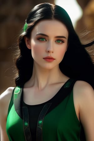 most beautiful  long black hair, pale skin, emerald green eyes, Greek attire Flawless skin show her full head, show her full face, show her half body. Dramatic lighting. Minimalist. wearing tank top realistic, cinematic, photography, natural skin, delicate, detailed, photo realistic, beauty photography, 4k, Sci fi 