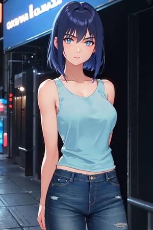 RAW photo, beautiful french 20 year old woman, wearing a tanktop and blue jeans, standing in a neon light alley, ((arms behind back)) (high detailed skin:1.2), 8k uhd, dslr, soft lighting, high quality, film grain, Fujifilm XT3