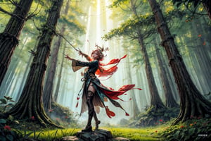  An enchanting forest glade in a fantasy realm, where a graceful elven archer stands poised on a moss-covered rock, rays of sunlight filtering through the canopy above, creating a dappled pattern on the ground, butterflies and fireflies dancing in the air around her, Illustration, watercolor painting, --ar 16:9 --v 5,nilou \(genshin impact\)