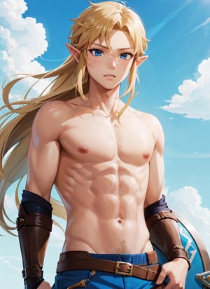 boichi anime style,  link, the legend of zelda: breath of the wild, 1boy, blonde hair, blue eyes, long hair, male focus, pointy ears, long hair, solo, shirtless, (Male:1.3), ((masterpiece))    