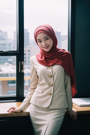 (glamour photography:1.3), photo of a beautiful woman, with hijab, dressed in business casual, looking at viewer, smile, low key lighting, half body, in the office, shot on Leica T with 50mm lens,