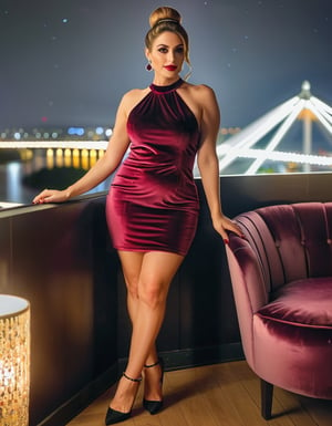 Darling, Romantic, (sweet), Alluring, cute, beautiful, attractive, appealing, fortunate, luxury, expensive, gorgeous 30yo Rich wife, (thick thighs:1.4), tight silky bun hair, in luxurious velvet dress, in her glass mashion, nighttime, sexy, HDR, (DSLR 8k view:1.2),3un