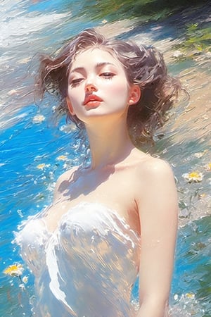 best quality,  extremely detailed,  HD,  8k, oil painting, 1 sexy girl, ((the flower lake)), (sexy wet top and skirt made of water) , ((sexy and wet)), top view, closeup, face up, (holy:1.25), dreamwave, (aesthetic:1.25), abstract (sharp:1.1), close eyes, art by sargent, naked shoulder, semi nude