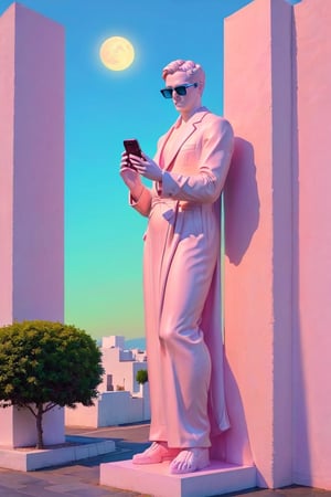 Amidst a landscape of vibrant pastel hues, a statue reminiscent of Ancient Greek Sculpture ff Rodin's 'The Thinker' is depicted wearing modern sunglasses, gazing intently at a smartphone. (((The soft glow of the phone's screen illuminates the statue's face, casting a surreal juxtaposition of ancient artistry and contemporary technology))), aw0k euphoric style,make_3d,3d style,Mechanical part