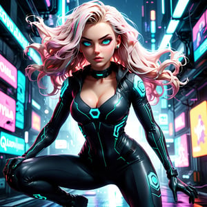 DSLR, HDR, Liquid valorant game theme, glowing sci-fi, jumping action pose, a fullbody gorgeous cyberpunk girl with thick thighs in action pose, looking into camera, wearing skin tight leggings, (perfectly detailed face:1.5), (wearing glowing top, ang geometrical patterns leggings, glowing eyes), ((vivid colors, neon theme, glowing sci-fi pattern, romance, blush, long disheveled hair, sidelocks,  glowing eyes)),portraitart,cyberpunk style,portrait art style,cyberpunk,cinematic  moviemaker style