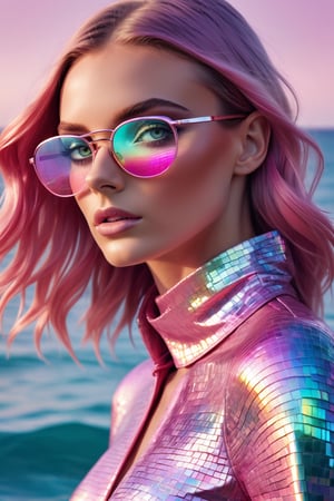 dramatic photography of a fashion model wearing an iridescent holographic colored super smooth shiny pink calm ocean texture pattern with glasses commercial photography long shot --stylize 600 --v 6.0