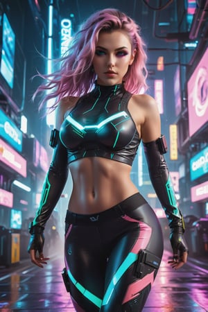 DSLR, HDR, Liquid valorant game theme, glowing sci-fi high-Jump pose, (a fullbody gorgeous cyberpunk girl with thick thighs in action pose, looking into camera, wearing skin tight leggings, (perfectly detailed face:1.5), wearing tight sci-fi top, ang geometrical patterns leggings, glowing eyes), ((vivid colors, neon theme, glowing sci-fi pattern, romance, blush, long disheveled hair, sidelocks,  glowing eyes)),portraitart,cyberpunk style,portrait art style,cyberpunk,cinematic  moviemaker style