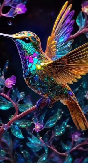 Photo of a beautiful majolica hummingbird with translucent feathers emitting glowing cosmic energy and radiance with glowing fractal glass elements, awe inspiring sense of beauty, flawless masterpiece, UHD,  hyperdetailed face,  hyperdetailed eyes, bacteria art style, galaxy, wide_hips, 35mm digital photograph, sharp focus on eyes, foliage and flowery vines, colorful rendition 