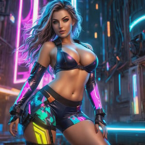 DSLR, HDR, Liquid valorant game theme, glowing sci-fi, (a fullbody gorgeous cyberpunk girl with thick thighs in action pose, looking into camera, wearing skin tight camflauge leggings, (perfectly detailed face:1.5), deep cleavage, natural breasts, glowing eyes), ((vivid colors, neon theme, glowing sci-fi pattern, romance, blush, long disheveled hair, sidelocks,  glowing eyes))