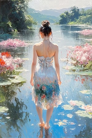 best quality,  extremely detailed,  HD,  8k, oil painting, 1 sexy girl, ((the flower lake)), (sexy wet top and skirt made of water) , ((sexy and wet)), top view, closeup, face up, (holy:1.25), dreamwave, (aesthetic:1.25), abstract (sharp:1.1), close eyes, art by sargent, naked shoulder, semi nude,ink scenery