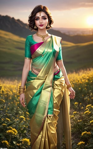 Hyperrealistic, As the sun sets on the horizon, a mesmerizing display of golden light cascades over a gorgeous woman with piercing blue-eyes. She radiates happiness and beauty in her adorable full Silk Saree, her short hair and makeup adding to her charm, her thick thighs, and wide hips steal the show, while her makeup highlights her natural features. As she poses against a stunning wildflower backdrop, desi shot