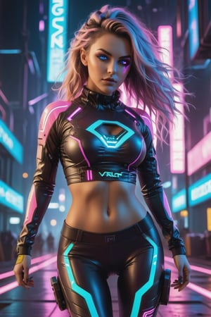 DSLR, HDR, Liquid valorant game theme, glowing sci-fi high-Jump pose, (a fullbody gorgeous cyberpunk girl with thick thighs in action pose, looking into camera, wearing skin tight leggings, (perfectly detailed face:1.5), wearing tight sci-fi top, ang geometrical patterns leggings, glowing eyes), ((vivid colors, neon theme, glowing sci-fi pattern, romance, blush, long disheveled hair, sidelocks,  glowing eyes)),portraitart,cyberpunk style,portrait art style,cyberpunk,cinematic  moviemaker style