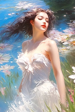 best quality,  extremely detailed,  HD,  8k, oil painting, 1 sexy girl, ((the flower lake)), (sexy wet top and skirt made of water) , ((sexy and wet)), top view, closeup, face up, (holy:1.25), dreamwave, (aesthetic:1.25), abstract (sharp:1.1), close eyes, art by sargent, naked shoulder, semi nude