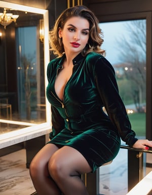 hyperrealistic,
full-body, Darling,  Romantic,  (sweet),  Alluring,  cute,  beautiful,  attractive,  appealing,  fortunate, luxurious,  expensive,  gorgeous 30yo Rich Albanian wife,  ((thick thighs)),  tight bun hair, wearing kinky luxurious velvet cloth with golden print on it,  in her glass mansion,  nighttime, 

all Focus on happy women, 

((((detailed face. award-winning, extremely detailed, moist lips. masterpiece, Fill Lighting, very attractive, glamorous, astonishing, perfect face, exceptional, eye-catching, very cute, irresistible, radiant, perfect, mesmeric, luscious, overwhelming, exquisite, charming, somber))))