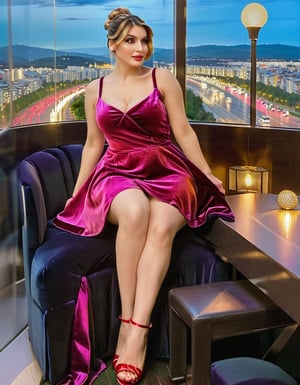 Darling, Romantic, (sweet), Alluring, cute, beautiful, attractive, appealing, fortunate, luxury, expensive, gorgeous 30yo Rich wife, (thick thighs:1.4), tight silky bun hair, in luxurious velvet dress, in her glass mashion, nighttime, sexy, HDR, (DSLR 8k view:1.2),3un