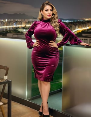 Darling, Romantic, (sweet), Alluring, cute, beautiful, attractive, appealing, fortunate, luxury, expensive, gorgeous 30yo Rich wife, (thick thighs:1.4), tight silky bun hair, in stitchless luxurious velvet dress, in her glass mashion, nighttime, sexy, HDR, (DSLR 8k view:1.2),h4n3n,inst4 style,EpicLand,kristinapimenova,ellafreya