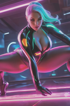 Liquid valorant game theme, glowing sci-fi, ((a fullbody gorgerous Woman with thick thighs doing splits in action pose, looking into camera, perfectly detailed face, deep cleavage, big round breasts, her boobs fall elongated, glowing eyes)), vivid colors, neon theme, glowing sci-fi pattern, romance, blush, long disheveled hair, sidelocks,  glowing eyes