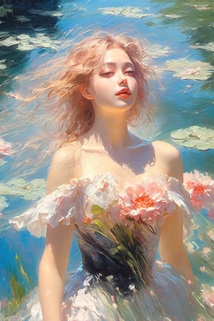 best quality,  extremely detailed,  HD,  8k, oil painting, 1 sexy girl, ((the flower lake)), (sexy wet top and skirt made of water) , ((sexy and wet)), top view, closeup, face up, (holy:1.25), dreamwave, (aesthetic:1.25), abstract (sharp:1.1), close eyes, art by sargent, naked shoulder, semi nude