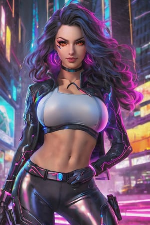 DSLR, HDR, Liquid valorant game theme, glowing sci-fi action pose, (a fullbody gorgeous cyberpunk girl with thick thighs in action pose, looking into camera, wearing skin tight leggings, (perfectly detailed face:1.5), wearing tight sci-fi top, ang geometrical patterns leggings, glowing eyes), ((vivid colors, neon theme, glowing sci-fi pattern, romance, blush, long disheveled hair, sidelocks,  glowing eyes)),portraitart