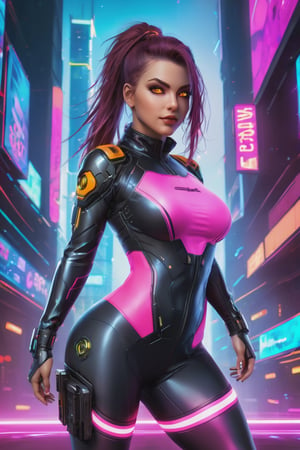 DSLR, HDR, Liquid valorant game theme, glowing sci-fi high-Jump pose, (a fullbody gorgeous cyberpunk girl with thick thighs in action pose, looking into camera, wearing skin tight leggings, (perfectly detailed face:1.5), wearing tight sci-fi top, ang geometrical patterns leggings, glowing eyes), ((vivid colors, neon theme, glowing sci-fi pattern, romance, blush, long disheveled hair, sidelocks,  glowing eyes)),portraitart,cyberpunk style,portrait art style,cyberpunk