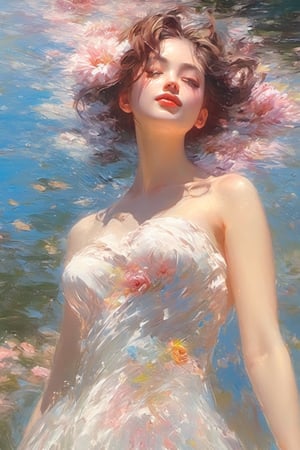 best quality,  extremely detailed,  HD,  8k, oil painting, 1 sexy girl, ((the flower lake)), (sexy wet top and skirt made of water) , ((sexy and wet)), top view, closeup, face up, (holy:1.25), dreamwave, (aesthetic:1.25), abstract (sharp:1.1), close eyes, art by sargent, naked shoulder, semi nude