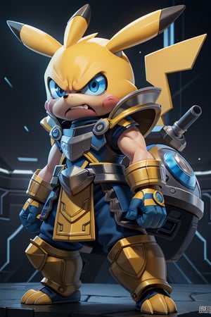 Masterpiece, best quality, boy, (20 years), Pikachu, blue eyes, yellow medium hair,angry face, looking-at-viewer, cinematic illumination, light studio, morning sky, cyber city background, (traditional Sonic,Armor), , intricate details.remove watermarks