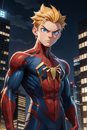 Masterpiece, best quality, boy, (20 years), Spiderman, blue eyes, yellow medium hair,angry face, looking-at-viewer, cinematic illumination, light studio, morning sky, cyber city background, (traditional spiderman clothes), , intricate details.