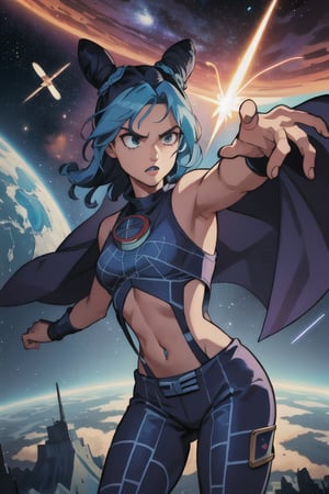 Describe the G-Force members in action as they harness their individual powers to combat a menacing extraterrestrial foe. Unleash the vivid details of their distinctive uniforms, each adorned with a symbol representing their elemental affinities.

The setting unfolds on a distant alien planet or space station, featuring futuristic architecture and alien landscapes that hint at a civilization far beyond our own. Delve into the intricacies of this otherworldly location, portraying the remnants of a battle between good and evil.

Amidst the chaos, capture the essence of teamwork as the G-Force members demonstrate their unwavering bond and camaraderie. Portray the subtle nuances of trust and cooperation as they coordinate their efforts flawlessly.

Introduce the primary antagonist, a formidable and enigmatic villain with nefarious intentions for the universe. Describe their imposing presence, complete with malevolent features and an aura of ominous power that threatens to overshadow even the brightest stars.

The image might feature a spacecraft, a symbol of the G-Force's mobility and reach across the cosmos. Depict this vessel soaring through space, leaving a trail of stardust in its wake.

As a grand finale, convey a sense of hope and determination radiating from the G-Force, inspiring audiences to believe in the triumph of good over evil in the infinite expanse of the universe.

Draw inspiration from classic space operas, infusing your writing with a touch of nostalgia while celebrating the timeless themes of heroism, sacrifice, and unity that have made G-Force: Guardians of Space an enduring classic of 1980s animated science fiction