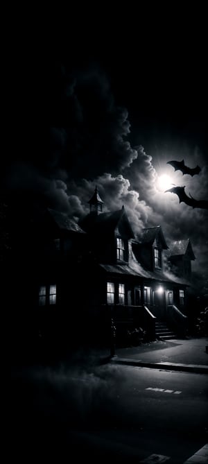 A haunted house at midnight. Halloween themed. Poltergeist lights, horrifying and unearthly, somber street, low key photography, low angle, dramatic lighting, high contrast, detailed composition,Halloween style,manga panel