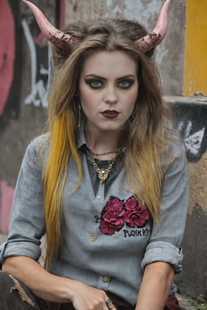 Grunge style, textured, vintage, edgy, grunge rock vibe, dirty, noisy, a girl with horns, a girl in yellow shirt and long bkack hair laying outside, in the style of eclectic montage, red and pink, metalwork jewelry, flower power, gray and brown, photographic source, detailed costumes, the setting is a urban background. Street photograph, (graffiti:1.3),Realism,Epicrealism,Enhance,Details,Beautification,Landskaper,photo r3al