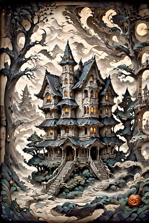 [A haunted house], craft paper and paper cut, [with ghosts in the windows], intricate details, high resolution.