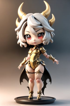 Insanely detailed and realistic porcelain figurine. Hand painted miniature of an Insanely gorgeous demon girl wearing a spiked golden armor.  (full body:1.3). hell pit diorama. Dynamic pose. Anatomically correct, 16k resolution. Museum collection masterpiece, realistic Tilt shift effect photograph.,mini\(ttp\),3D Chibi Figure