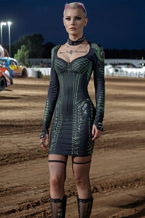 Extremely realistic, retrofuturistic neo victorian Nascar Racing event, 1woman, Sexy scottish woman, bald with head tatoos, cleavage, Wearing a neo victorian restrofutiristicpunk outfit, masterpiece, (best quality), (((realistic))), ((photorealistic)), (ultra-detailed), (detailed light), (beautiful intricate eyes), (beautiful face:1.3), full body shot, far away shot, athletic physique, neon highlights, (((((neoVictorian tretrofuturistic england))))), Matte photo, Extremely Realistic,r4w photo,photo r3al,Magical Fantasy style,inst4 style,darkart
