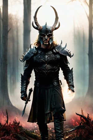 extremely realistic, ((((full body photograph:1.6)))) Chernobog the king of the dark, wearing a black intricately detailed armor with chiseled micro details. Wearing a great helm with a spiked crown and antler horns, with a black metal carved and chiseled mask resembling death. Red eyes behind the mask. Slavic Folk, a background of [Malevolent Skies, Dark Forests.], in the colors [Ominous Reds] and [Eerie Greens.], immersive, blending shadowy allure with mythical narratives, expansive, otherworldly atmospheric, visually captivating, in the style [Malevolent Realism and Gothic Fantasy]. ,Extremely Realistic,Cinematic ,Landskaper
