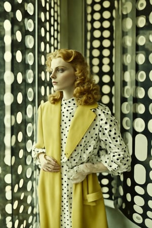 In a 1960s-inspired fashion shot captured with a pictorialist style, the sharp focus emphasizes the distinctive character of celluloid film, showcasing its film grain for a touch of vintage charm. girl looks out of a window, in the style of conceptual light sculptures, polka dots, imaginative prison scenes, fashion photography, opaque resin panels, luminous shadows, close-up