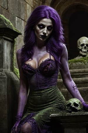 Sexy zombie, (putrid Siena/moss skin:1.3), cemetery scene,  purple ambient, sitting in the steps of a crypt, posing like a pin up model, hands holding breast, (masterpiece, best quality), intricate details, perfectly drawn face, glowing purple eyes,Monster,Landskaper,DonMn1ghtm4reXL,old style