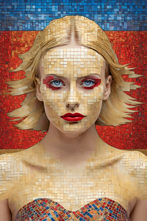  3d rendering rollei prego of a blonde fashion model, datamoshing style, cubist surrealism,  mosaic shapes, aesthetic, rich dark shadows, global illumination, ray tracing, UHD,red blue and gold color scheme, chipped paint, female android, visible pores, symmetrical beautiful human face, amazing splashscreen artwork, lindsay adler,vintagepaper,alt_style,The_Resurrectionist