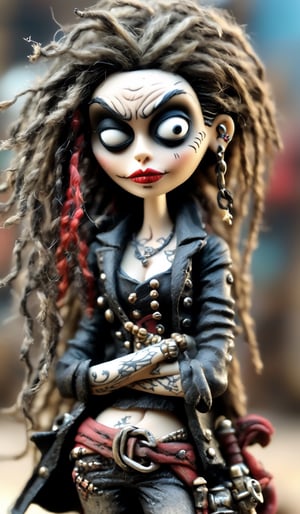 1 beautiful woman pirate. adorned with tattoos,  dirty,  sweat,  worn out clothes,  tattered,  worn out coat,  in the style of Tim Burton stop motion character. Miniature by Tim Burton. Detaied pirate tabern diorama background. niji5